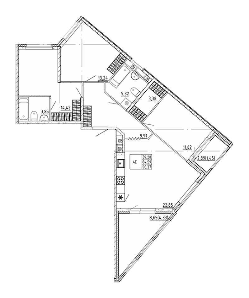 3-комнатная квартира 90.37 м², 2/12 эт., ЖК «UP! Квартал Воронцовский»